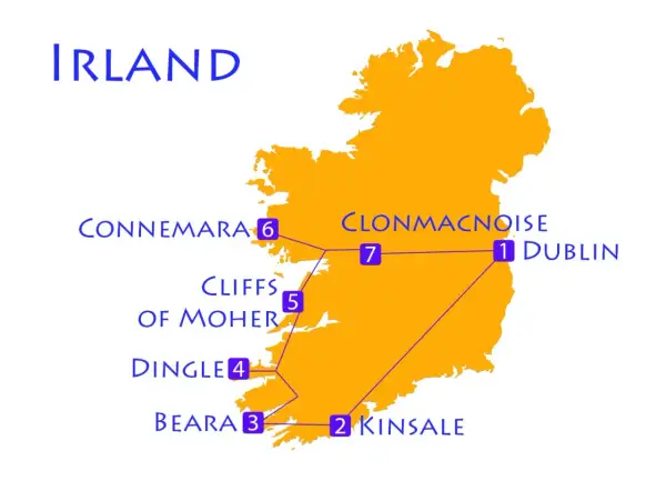 Karte für einen Irland Roadtrip: Dublin, Kinsale, Beara, Dingle, Cliffs of Moher, Connemara, Clonmacnoise.
