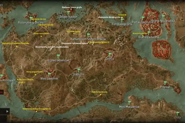 Mapa świata gry z zaznaczonymi lokacjami, takimi jak Ostatni Bastion, Wieś Jawornik i Kamieniołom Starych Pryków. Widać też ślady poszukiwań rynsztunek szkoły gryfa.