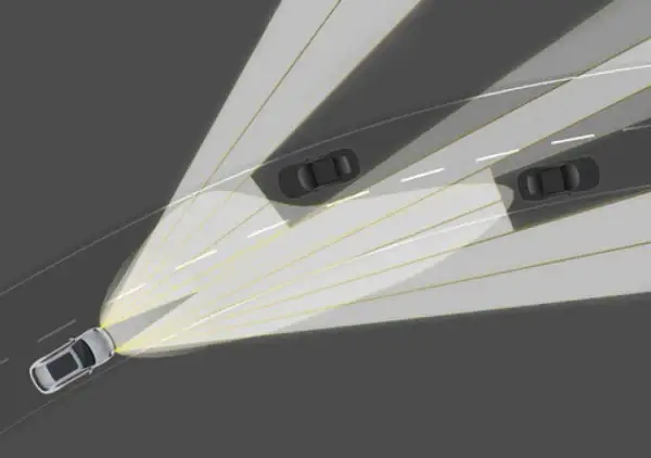 Ilustración que muestra cómo funcionan las luces adaptativas: un coche ilumina la carretera y evita deslumbrar a otros vehículos.