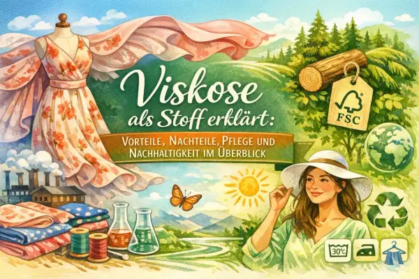 Viskose als Stoff erklärt: Vorteile, Nachteile, Pflege und Nachhaltigkeit. Das Material ist atmungsaktiv und angenehm zu tragen, wie die lächelnde Frau im Bild zeigt.