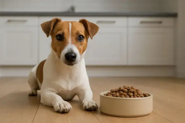 Jack Russell leży obok miski pełnej karmy monobiałkowej, czekając na posiłek.