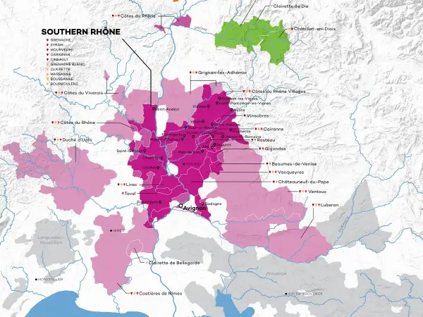 Mapa winnic południowego Rodanu, z zaznaczonymi regionami, w tym Châteauneuf-du-Pape.