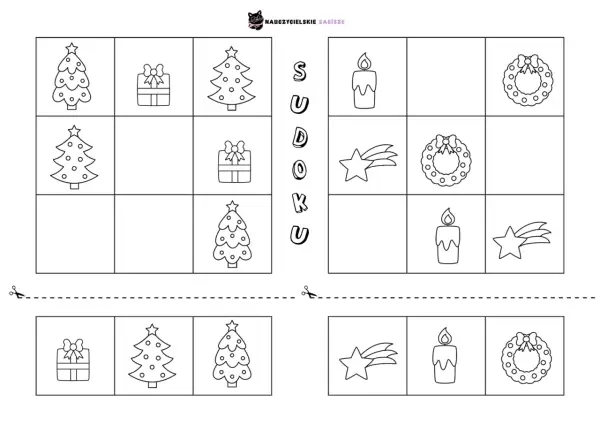 Świąteczne zadania dla dzieci do druku: sudoku z choinkami, prezentami, świecami, gwiazdkami i wieńcami.
