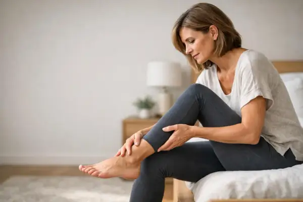 Donna con formicolio alle ginocchia, si massaggia la gamba seduta sul letto.