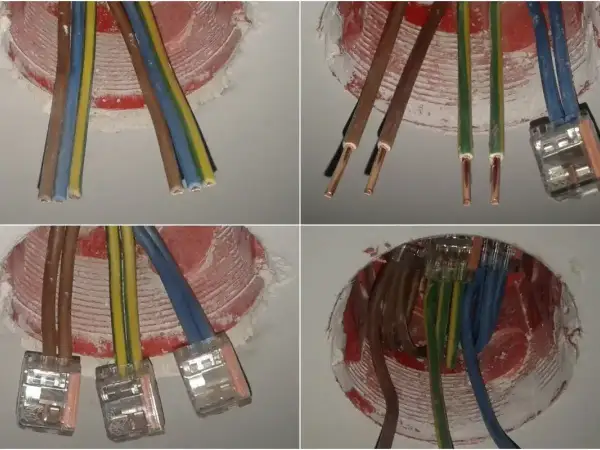 Instalacja elektryczna: jaki kabel do gniazdek? Widać przewody fazowe, neutralne i ochronne połączone złączkami w puszkach.
