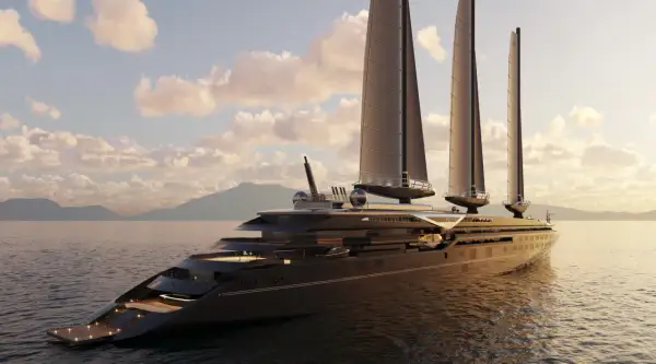 Lussuoso yacht a vela con vele retrattili, un vero Orient Express dei mari, solca le acque calme.