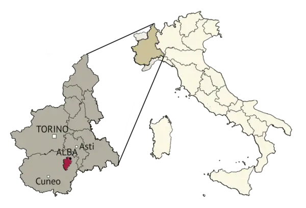 Mappa dell'Italia con evidenziata la regione Piemonte e, in particolare, le Langhe, zona rinomata per vini e tartufi.