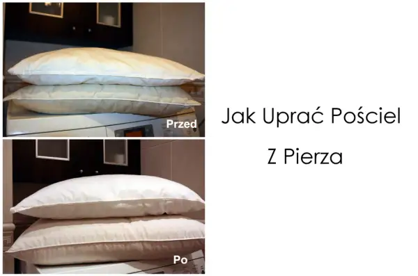 Pranie kołdry z pierza: porównanie przed i po. Dwie poduszki, jedna brudna, druga czysta, leżą na pralce.