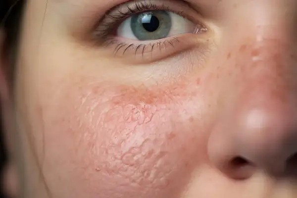 Primer plano del ojo y mejilla de una persona, mostrando piel enrojecida y con textura irregular, indicativa de xerosis cutánea.