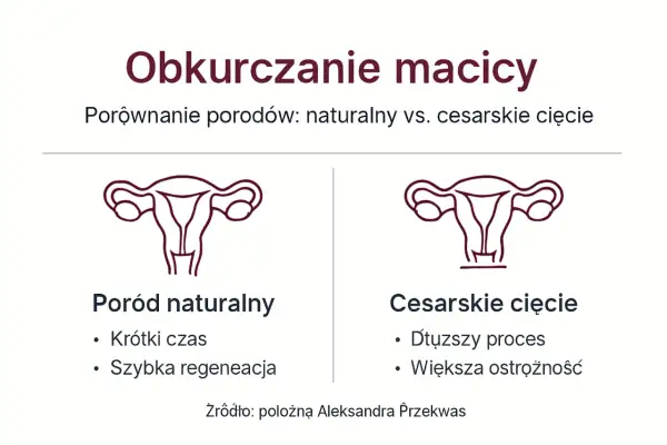 Porównanie obkurczania macicy po porodzie naturalnym i cesarskim cięciu. Ilustracje narządów rodnych.