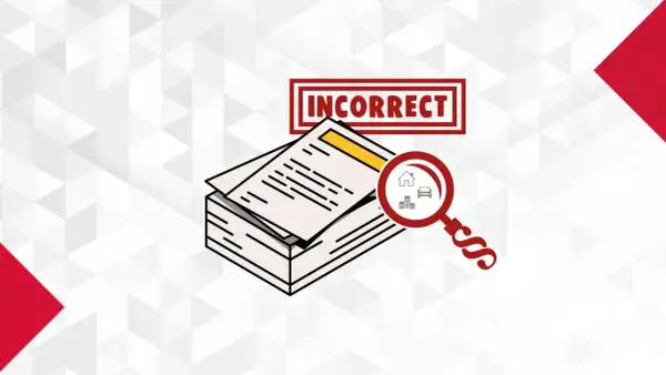 Stos dokumentów, lupa z ikonami domu, pieniędzy i samochodu, oraz napis "INCORRECT" wskazują na błąd w oświadczeniu majątkowym.