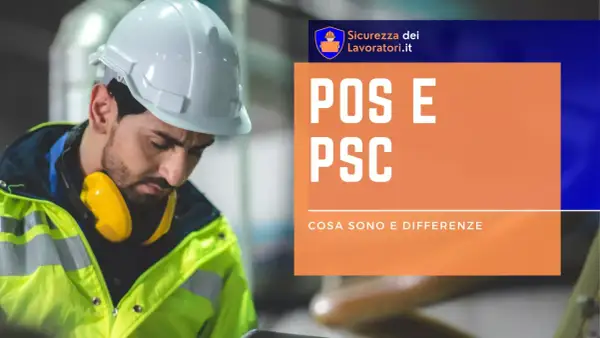 Operaio con casco e cuffie protettive, focus su POS e PSC, concetti chiave per la sicurezza sul lavoro.