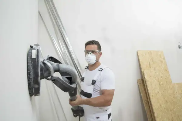 Operaio con maschera e occhiali sta per carteggiare muro senza fare polvere, usando un aspiratore integrato.