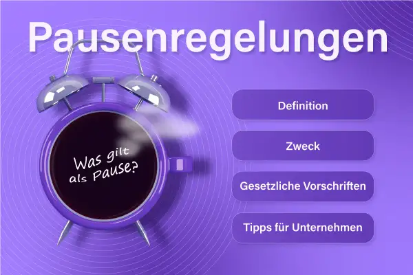 Ein Wecker mit der Frage "Was gilt als Pause?" symbolisiert die Bedeutung von Pausenregeln für die Arbeitszeit.