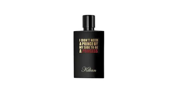 Czarny flakon perfum Kilian z napisem "I DON'T NEED A PRINCE BY MY SIDE TO BE A PRINCESS".