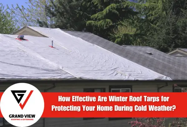 A house roof is covered with a white tarp, protecting it from cold weather. This temporary solution is crucial for roofing during winter.