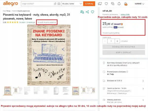 Nuty 31 znanych piosenek na keyboard, w tym "Piraci z Karaibów". 14 osób kupiło ostatnio.
