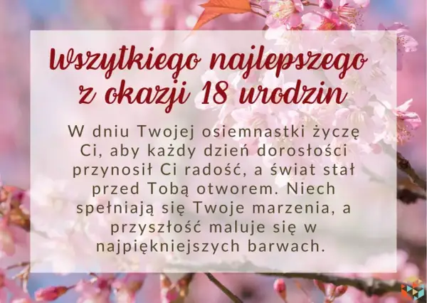 Napis "Wszystkiego najlepszego z okazji 18 urodzin" na tle kwitnącej wiśni. Życzenia na dorosłość.