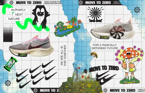 En sko och en svampkaraktär med texten "MOVE TO ZERO" som symboliserar Nikes resa mot en koldioxidfri framtid.
