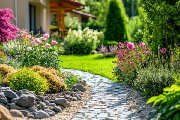 Ein wunderschöner Garten, der zum Verweilen einlädt. Der Weg lädt zum Spaziergang ein, während bunte Blumen und grünes Gras zum **garten anlegen** inspirieren.