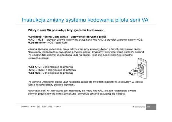 Instrukcja zmiany systemu kodowania pilota serii VA. Opisuje kodowanie ARC i HCS, jak w instrukcji beretta super exclusive manual.
