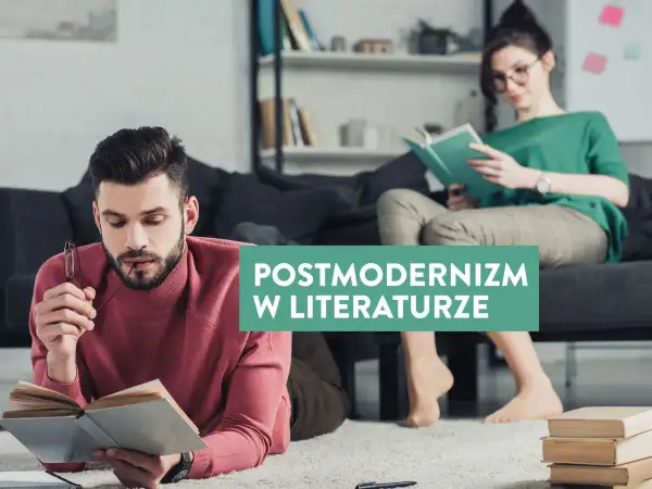 Mężczyzna i kobieta czytają książki, symbolizując postmodernizm w literaturze.