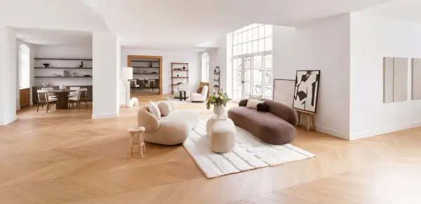 Moderne Wohnung mit organischen Formen und minimalistischen Möbeln. Verschiedene Wohnung Stil Arten werden hier vereint.
