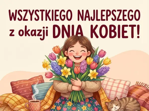 Uśmiechnięta dziewczynka z bukietem kwiatów, kotek i kubek gorącej czekolady. Wesołe życzenia na Dzień Kobiet od kobiety dla kobiety!