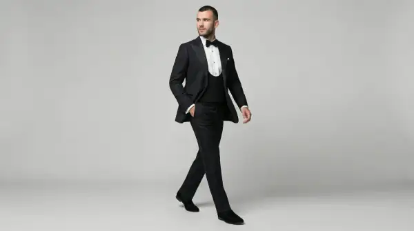Ein Mann in eleganter Smoking-Kleidung mit Weste und Fliege schreitet selbstbewusst.
