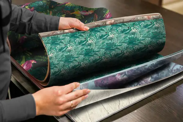 Händer bläddrar i en tapetbok med djungelmotiv och blomstermönster. Perfekt för att välja non woven lim till papperstapet.