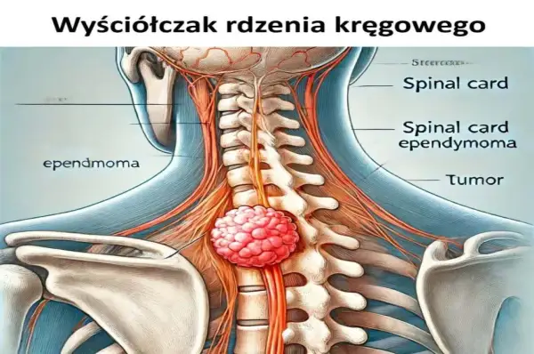Anatomical illustration showing a tumor, labeled "ependymoma," growing on the spinal cord within the cervical vertebrae.