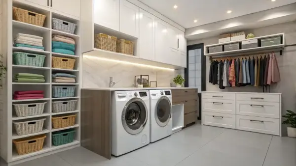 Aménagement buanderie moderne avec lave-linge, sèche-linge, étagères remplies de paniers et de linge plié, et un portant avec des vêtements.
