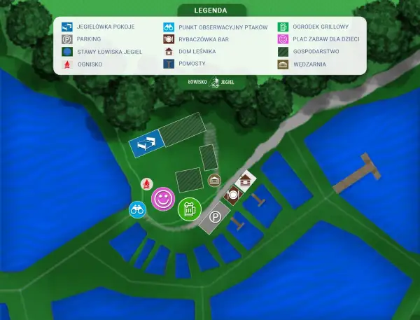 Mapa łowiska Jegiel z legendą: pokoje, parking, stawy, ognisko, punkt widokowy, bar, dom leśnika, pomosty, grill, plac zabaw, gospodarstwo, wędzarnia.