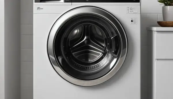 Biała pralka Whirlpool z widocznym bębnem i chromowanym pierścieniem.