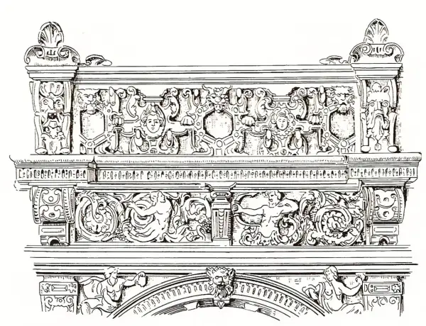 Bogaty ornament okuciowy z groteskami, twarzami, muszlami i postaciami mitologicznymi.