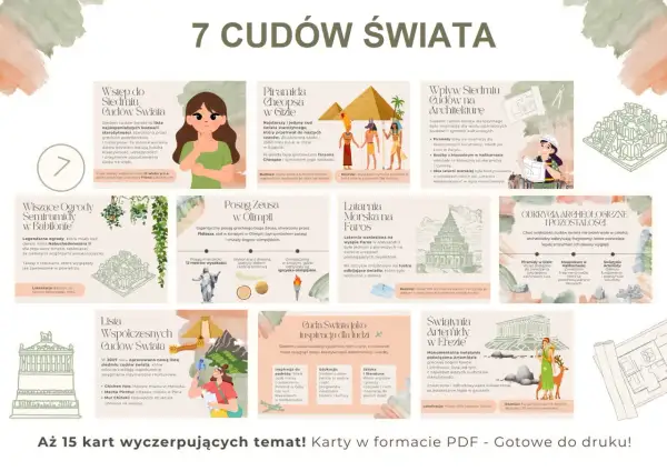 Ilustracja przedstawia 7 cudów świata starożytnego i nowożytnego, ich wpływ na architekturę i inspiracje dla ludzi.