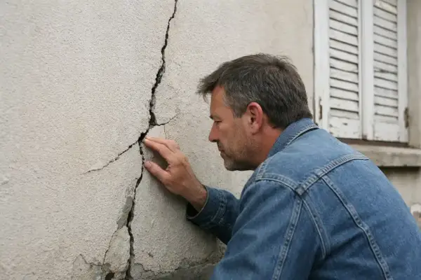 Un homme examine une large fissure sur un mur extérieur.