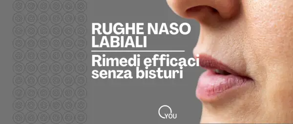 Primo piano di un volto con rughe naso labiali, tipiche dei 40 anni. Testo: "Rughe naso labiali. Rimedi efficaci senza bisturi.