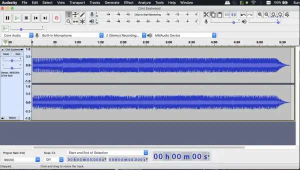 Nagrywanie dźwięku z komputera w programie Audacity. Widoczne dwie ścieżki audio z falami dźwiękowymi.