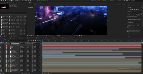 After Effects timeline showing layers for a scene with fire flares, fog, and 3D camera tracking, a common setup for visual effects work.