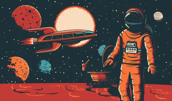 An astronaut stands on a red planet, gazing at a retro futuristic spaceship and alien worlds under a starry sky.
