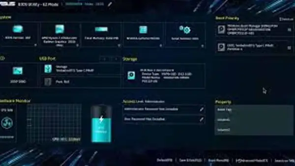 Ekran **UEFI** BIOS-u ASUS z opcjami bootowania, monitorowania sprzętu i ustawieniami.