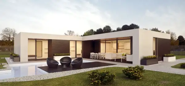 Moderne Fertighaus Beispiele mit Pool und Terrasse. Ein stilvolles Haus mit großen Glasflächen und minimalistischem Design.
