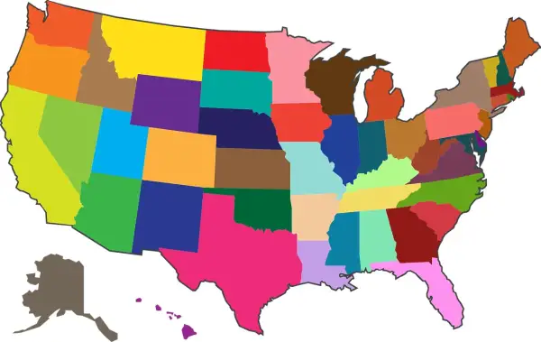 Kolorowa mapa USA pokazuje, ile jest stanów w USA. Każdy stan ma inny kolor.