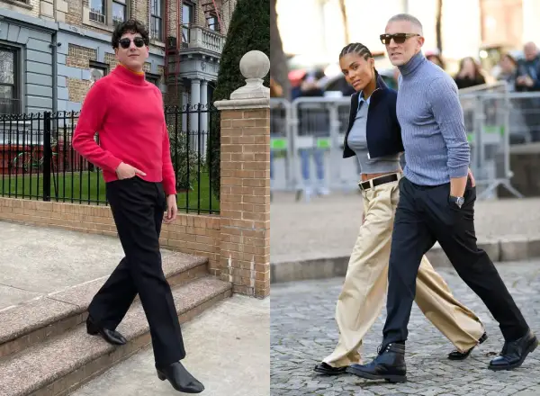 Mann in pinkem Rollkragenpullover und schwarzer Hose, daneben ein Paar in lässigem franzosen style.