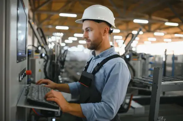 Pracownik w białym kasku obsługuje panel sterowania, wprowadzając dane do systemu. Optymalizacja procesów produkcyjnych dzięki **lean manufacturing**.
