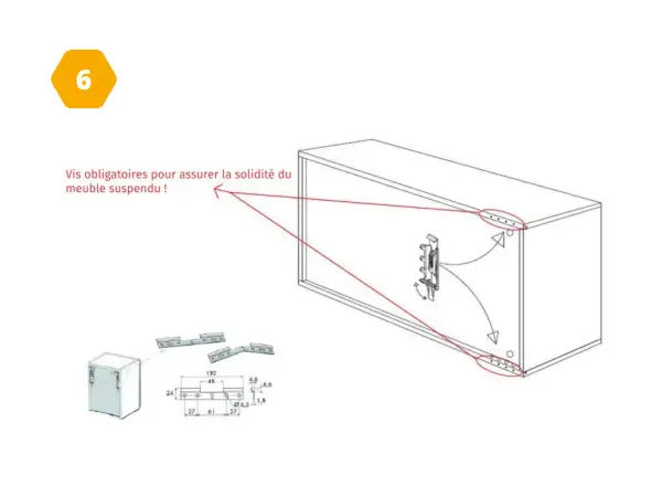 Schéma montrant comment fixer un meuble suspendu au mur avec des vis pour garantir sa solidité. Des mesures sont indiquées.