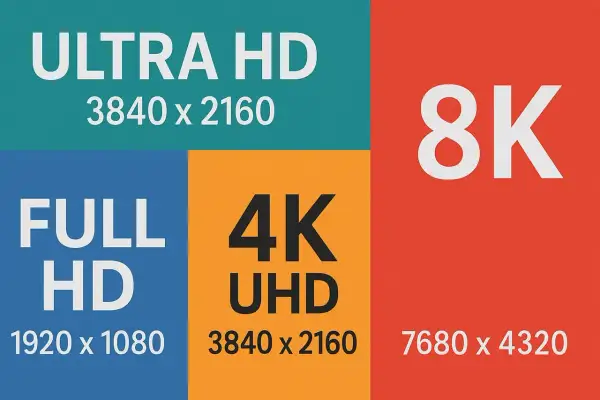 Porównanie rozdzielczości: Full HD (1920x1080), Ultra HD (3840x2160), 4K UHD (3840x2160) i 8K (7680x4320). Wyższa jakość obrazu w hd.