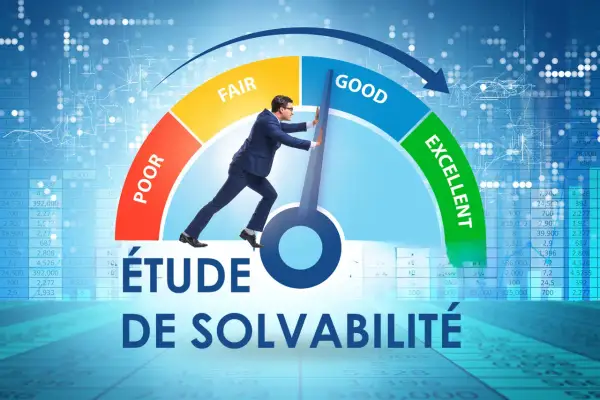 Un homme pousse un indicateur vers "EXCELLENT" sur un graphique "Étude de solvabilité". Comment vérifier la solvabilité d'une entreprise.