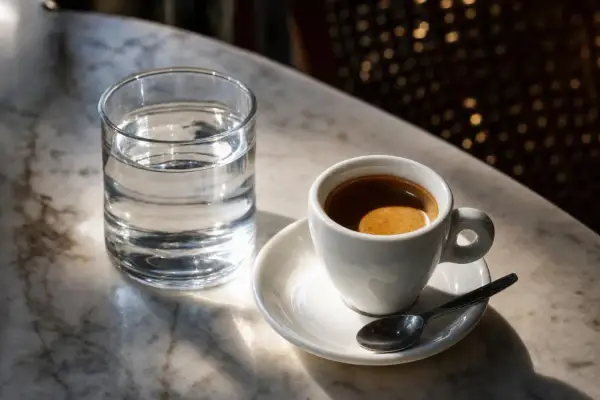 Tazzina di caffè espresso su piattino con cucchiaino e bicchiere d'acqua. La cremosità suggerisce un'alta percentuale di caffeina nel caffè.